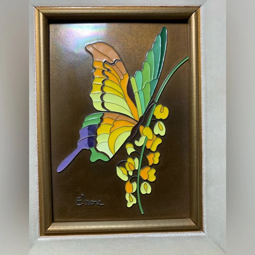 E'nore Set of 2 Oil Enamel Cloisonné on Copper Framed Eleanore Forrestal Lot MCM - Picture 4 of 10